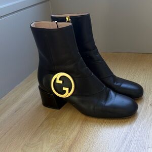 Gucci Black Leather Goldie Ankle Boots with Gold GG Medallion